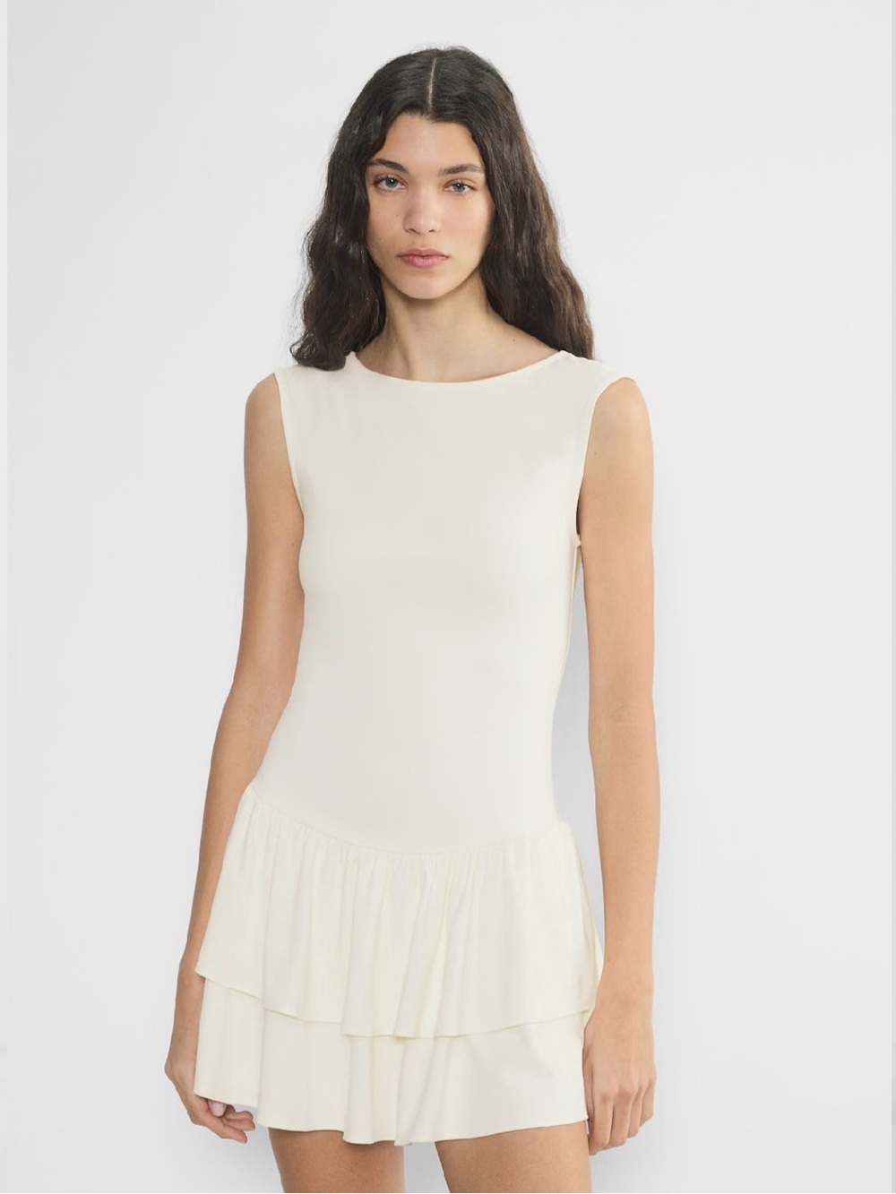 NWT Aritzia Wilfred Cream Sleeveless Tiered Ruffle Mini Dress